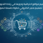 صورة توضح عملية تصميم متجر الكتروني احترافي مع عرض واجهة متجر ومنتجات على منصات رقمية