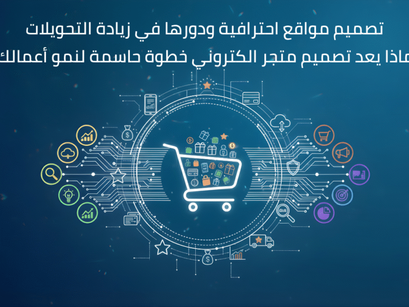 صورة توضح عملية تصميم متجر الكتروني احترافي مع عرض واجهة متجر ومنتجات على منصات رقمية