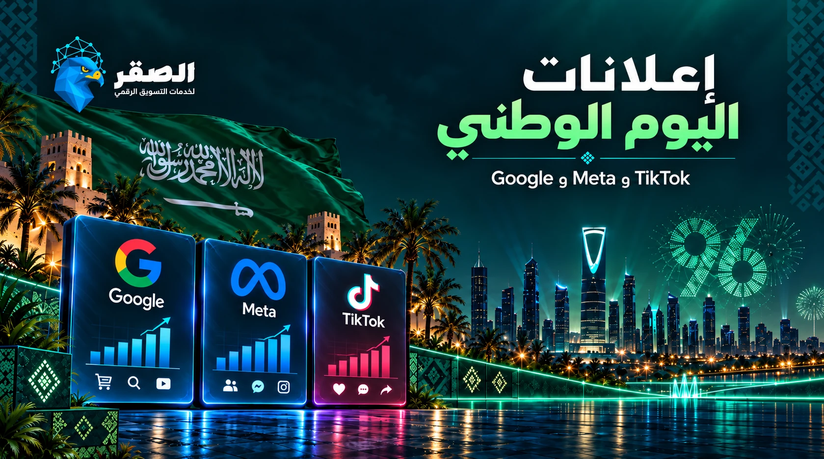 تصميم إعلانات اليوم الوطني السعودي عبر Google وMeta وTikTok