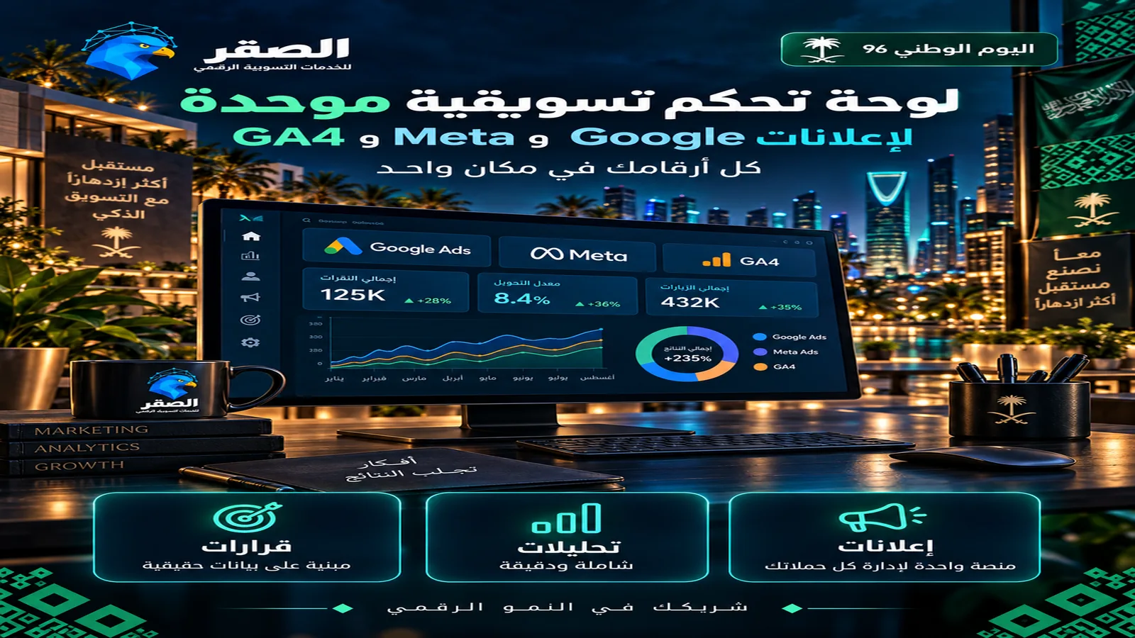 لوحة تحكم تسويقية موحدة لبيانات Google وMeta وGA4 وقياس الأداء