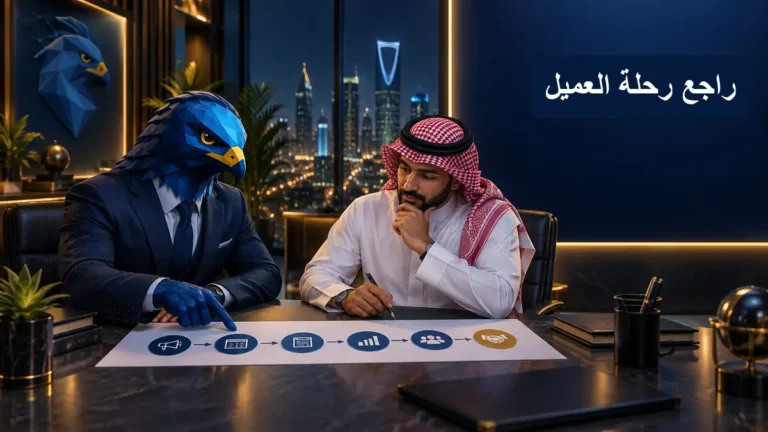 رجل الصقر الأزرق الهندسي يراجع رحلة بيانات العميل مع مدير مبيعات سعودي