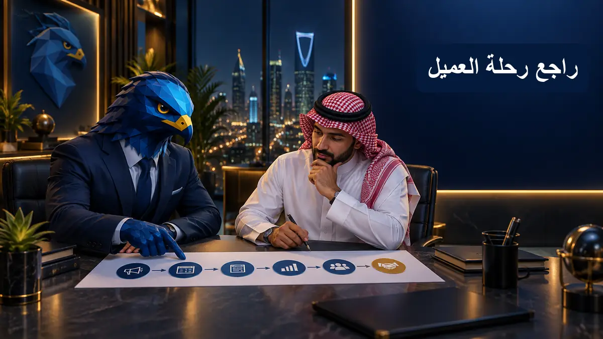 رجل الصقر الأزرق الهندسي يراجع رحلة بيانات العميل مع مدير مبيعات سعودي