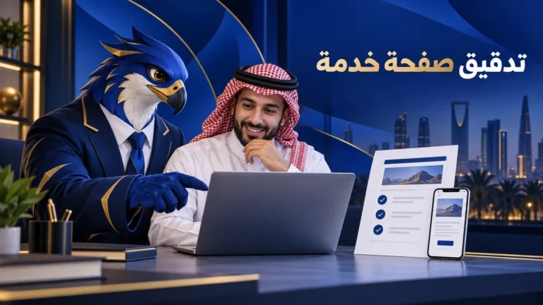 أفاتار الصقر الأزرق مع صاحب شركة سعودي يراجعان قائمة تدقيق صفحة خدمة على جهاز محمول