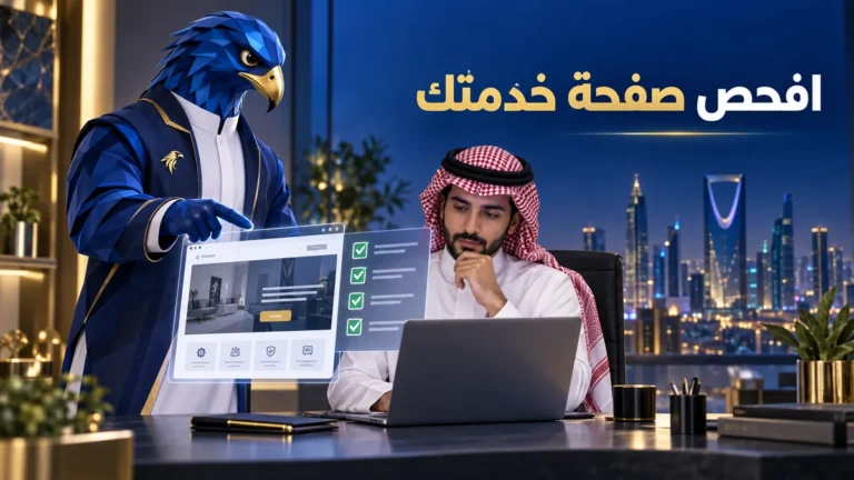 أفاتار الصقر الأزرق والذهبي يراجع صفحة خدمة مع مختص سعودي قبل تشغيل إعلانات جوجل