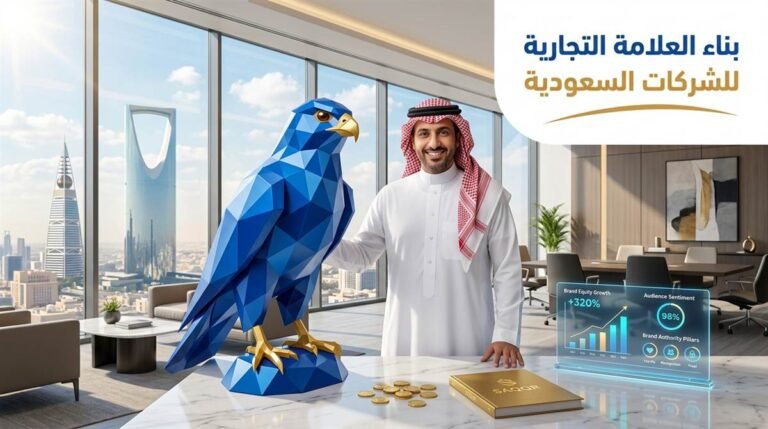 رجل أعمال سعودي وصقر الصقر الملكي بالأزرق الملكي يراجعان دليل بناء العلامة التجارية والهوية الرقمية للشركات السعودية