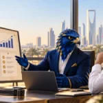 أفاتار الصقر الأزرق يجلس مع صاحب نشاط سعودي أمام لوحة أدلة ومصادر لتحسين صفحة خدمة سيو