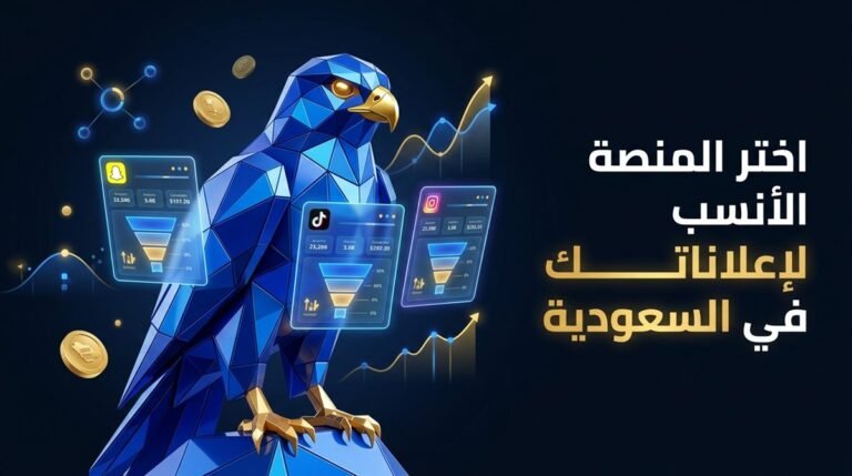 شخصية الصقر الرقمي الجيومتري بالأزرق الملكي يقارن بين منصات إعلانات سناب شات وتيك توك وإنستقرام للمتاجر السعودية
