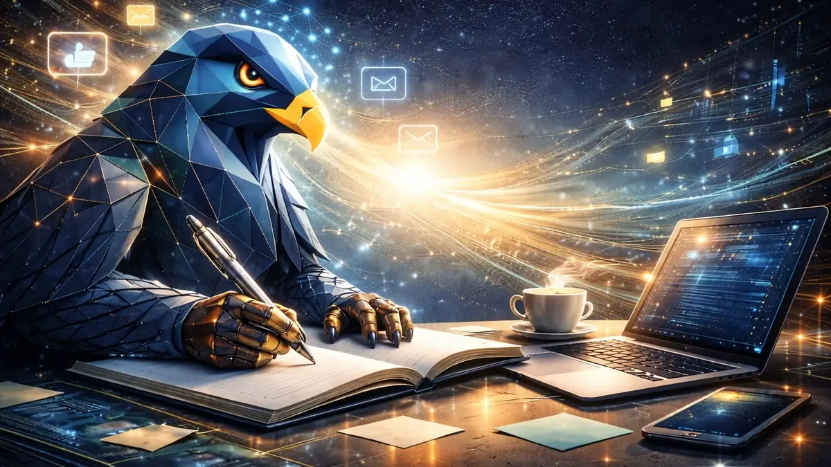 أفاتار الصقر الأزرق المتدرج يراجع خطة تسويقية أمام حاسوب