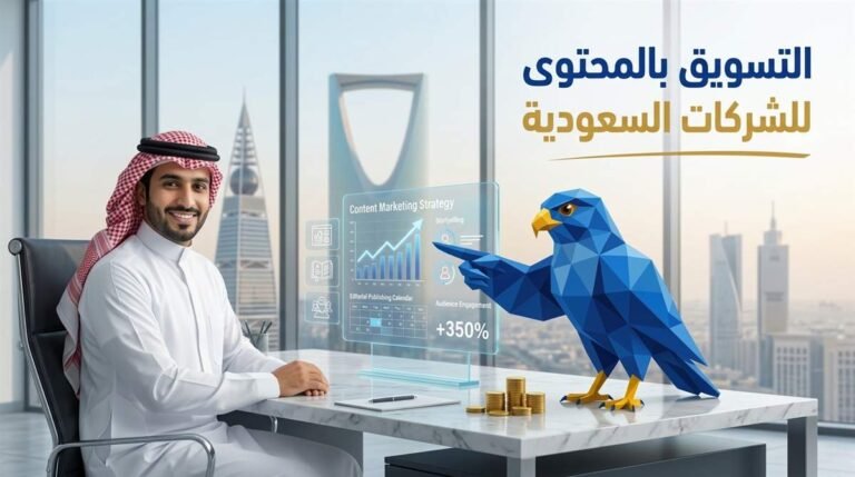 رجل أعمال سعودي وصقر الصقر الملكي 3D بالأزرق الملكي يراجعان خطة استراتيجيات التسويق بالمحتوى أمام أفق أبراج الرياض