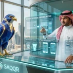 إعادة تصميم موقع الشركة لزيادة المبيعات بالسعودية — مدير تصميم تجربة مستخدم سعودي بالزي الوطني الأصلي يراجع مخططات إعادة الهيكلة بجانب أفاتار الصقر الأزرق الملكي