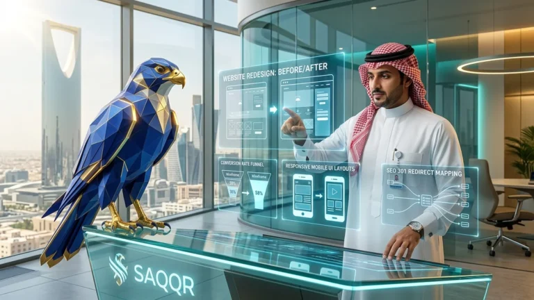 إعادة تصميم موقع الشركة لزيادة المبيعات بالسعودية — مدير تصميم تجربة مستخدم سعودي بالزي الوطني الأصلي يراجع مخططات إعادة الهيكلة بجانب أفاتار الصقر الأزرق الملكي