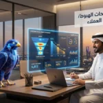 مستشار تسويق سعودي يحلل مسار تحويل صفحة الهبوط بجوار صقر الصقر الأزرق الرقمي ثلاثي الأبعاد في مكتب بالرياض