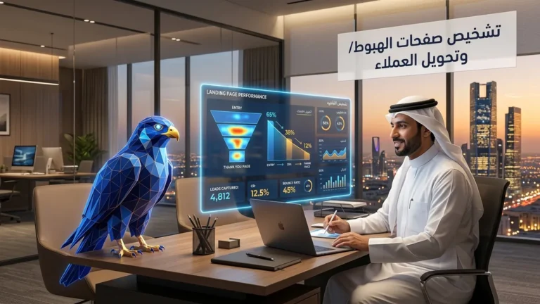 مستشار تسويق سعودي يحلل مسار تحويل صفحة الهبوط بجوار صقر الصقر الأزرق الرقمي ثلاثي الأبعاد في مكتب بالرياض