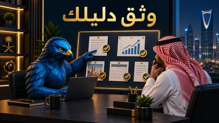 أفاتار الصقر الأزرق يراجع لوحة أدلة دراسة حالة مع صاحب شركة سعودي