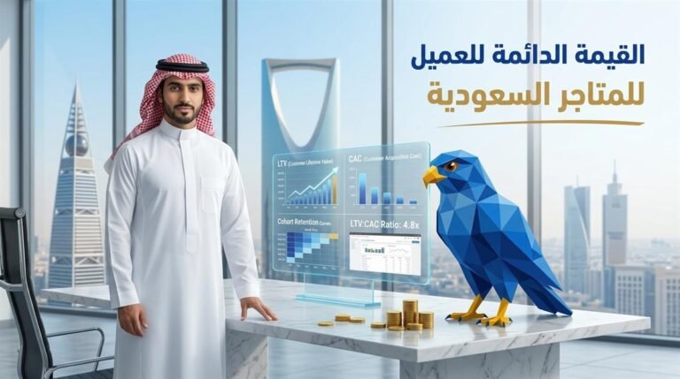 رجل أعمال سعودي وأفاتار صقر الصقر الرقمي بالأزرق الملكي يحللان مؤشرات القيمة الدائمة للعميل وخفض تكلفة الاستحواذ للمتاجر السعودية