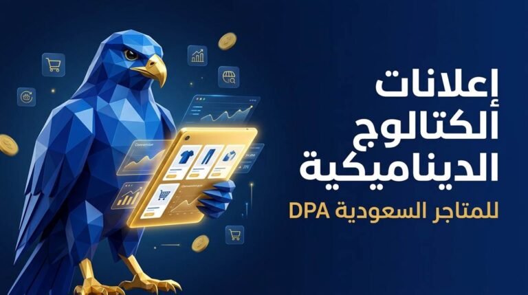 صقر الصقر الرقمي الجيومتري بالأزرق الملكي والذهبي يحمل لوحا تفاعليا يعرض بطاقات كتالوج المنتجات الديناميكية وإعلانات DPA للمتاجر السعودية