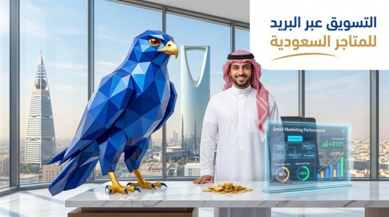 رجل أعمال سعودي وصقر الصقر الملكي بالأزرق الملكي يحللان مؤشرات أداء التسويق عبر البريد الإلكتروني وأتمتة مبيعات المتاجر في الرياض