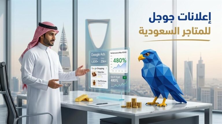 رجل أعمال سعودي وأفاتار صقر الصقر الرقمي بالأزرق الملكي يحللان مؤشرات إعلانات جوجل شوبنج وحملات الأداء الأفضل للمتاجر السعودية