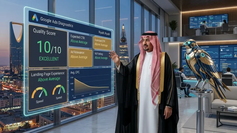 تحسين نقاط الجودة Quality Score في إعلانات جوجل بالسوق السعودي — خبير تسويق محركات بحث سعودي بالزي الوطني الأصلي يحلل شاشات نقاط الجودة بجانب الصقر الآلي في الرياض