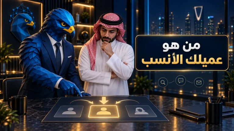 رجل الصقر الأزرق الهندسي مع مدير سعودي يختاران شريحة العميل الأنسب قبل قنوات التسويق