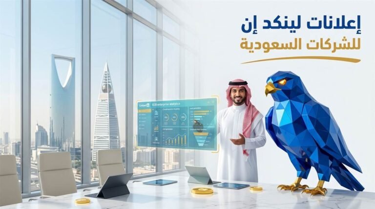 رجل أعمال سعودي وصقر الصقر الملكي 3D بالأزرق الملكي يحللان لوحة تحليلات إعلانات لينكد إن B2B واستقطاب الصفقات في برج تنفيذي بالرياض