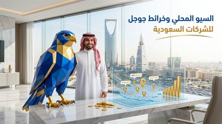 رجل أعمال سعودي وصقر الصقر الملكي بالأزرق الملكي يحللان مؤشرات تصدر خرائط جوجل والسيو المحلي للشركات في الرياض