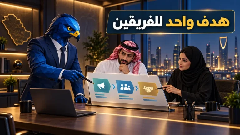 رجل الصقر الأزرق الهندسي مع فريق سعودي يراجعان توافق أهداف التسويق وقدرة فريق المبيعات