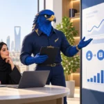أفاتار الصقر الأزرق يراجع لوحة جودة صفحة خدمة تسويق رقمي مع سيدة أعمال سعودية