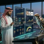 حملات ميزة بلس Advantage+ للتسوق في السعودية — خبير نمو متاجر سعودي بالزي الوطني الأصلي يحلل أداء إعلانات إنستغرام وميتا بجانب الصقر الآلي في مركز تحكم بالرياض