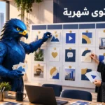 رجل الصقر الأزرق الهندسي مع مديرة تسويق سعودية يرتبان بطاقات خطة محتوى شهرية لشركة خدمات