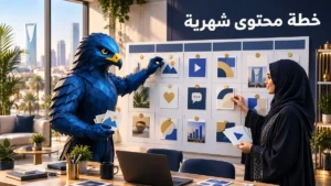 رجل الصقر الأزرق الهندسي مع مديرة تسويق سعودية يرتبان بطاقات خطة محتوى شهرية لشركة خدمات