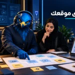 أفاتار الصقر الأزرق بملابس عمل مع فريق سعودي يخططون محتوى موقع شركة قبل التصميم