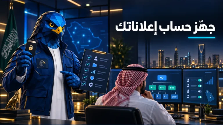 أفاتار الصقر الأزرق بزي تقني يحمل بطاقة وصول وقائمة فحص بجوار مختص سعودي يدير حساب إعلانات جوجل