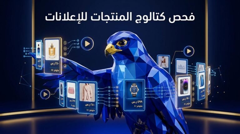 صقر الصقر الرقمي الجيومتري بالأزرق الملكي والذهبي يفحص بطاقات كتالوج منتجات متجر إلكتروني سعودي قبل حملات الفيديو
