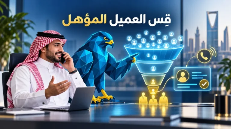 أفاتار الصقر الأزرق بجوار رجل يتحدث بالهاتف ورسم توضيحي لمراحل تأهيل العملاء