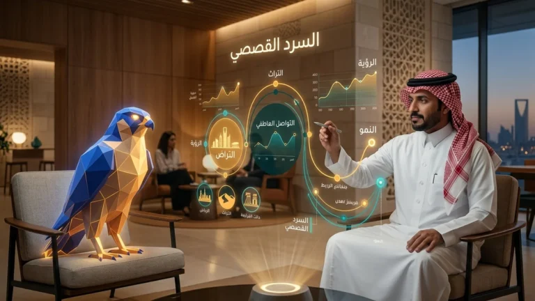 السرد القصصي للعلامات التجارية Storytelling في السعودية — خبير استراتيجيات هوية سعودي بالزي الوطني الأصلي يراجع خطوط السرد وبناء البراند بجانب أفاتار الصقر الأزرق الملكي