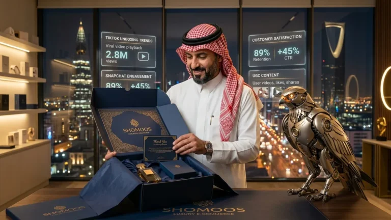 تجربة فتح الصندوق والتغليف للمتاجر السعودية — رائد أعمال متجر سعودي بالزي الوطني الأصلي يتفحص صندوق شحن فاخر بجانب الصقر الآلي في استوديو إبداعي بالرياض