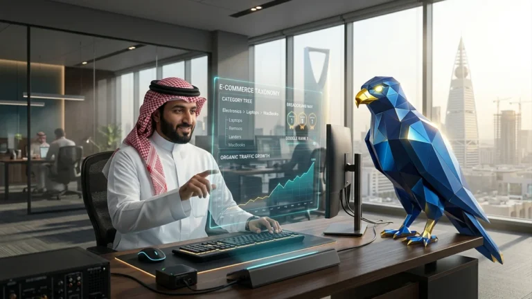 سيو صفحات التصنيفات للمتاجر السعودية — مستشار سيو تجارة إلكترونية سعودي بالزي الوطني الأصلي يراجع شاشات تصدر نتائج البحث بجانب أفاتار الصقر الأزرق الملكي