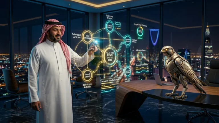 هيكلة الروابط الداخلية وبناء المجموعات الموضوعية للمواقع السعودية — خبير سيو تقني سعودي بالزي الوطني الأصلي يحلل شبكات المجموعات الموضوعية بجانب الصقر الآلي بالرياض