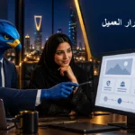 رجل الصقر الأزرق الهندسي يراجع صفحة خدمة مع صاحبة عمل سعودية