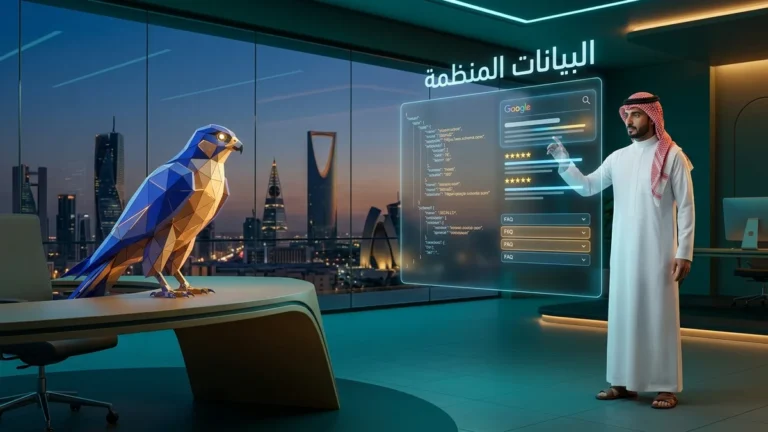 البيانات المنظمة Schema Markup للمواقع السعودية — خبير سيو تقني سعودي بالزي الوطني الأصلي يراجع أكواد JSON-LD والنتائج الغنية بجانب أفاتار الصقر الأزرق والذهبي