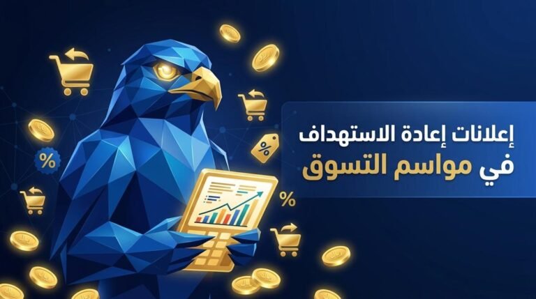 صقر الصقر الرقمي الجيومتري بالأزرق الملكي والذهبي يحلل حملات إعادة الاستهداف في مواسم التسوق السعودية مع لوحة مبيعات وعملات ذهبية