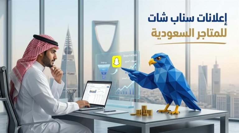 رجل أعمال سعودي وصقر الصقر الرقمي بالأزرق الملكي يحللان مؤشرات حملات إعلانات سناب شات للمتاجر السعودية أمام أفق الرياض