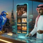 إعلانات المجموعات Collection Ads على سناب شات بالسعودية — خبير تسويق تجزئة سعودي بالزي الوطني الأصلي يراجع شاشات إعلانات الكتالوج بجانب أفاتار الصقر الأزرق الملكي