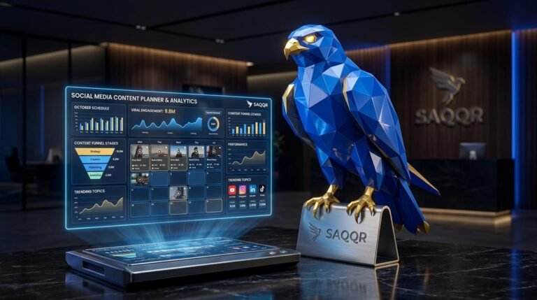 صقر الصقر الرقمي الجيومتري بالأزرق الملكي والذهبي يقف أمام لوحة هولوغرافية رقمية لتخطيط وجدولة محتوى السوشيال ميديا الداعم للحملات الإعلانية