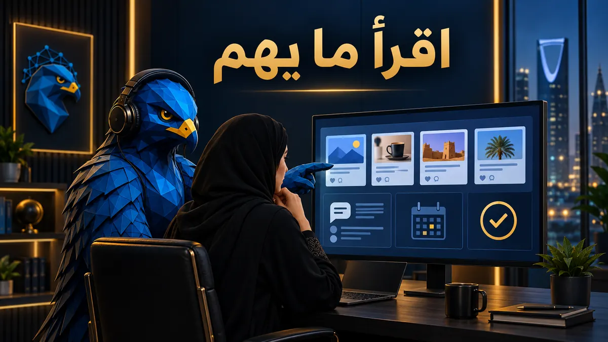 أفاتار الصقر الأزرق يراجع لوحة محتوى السوشيال ميديا مع مديرة محتوى سعودية