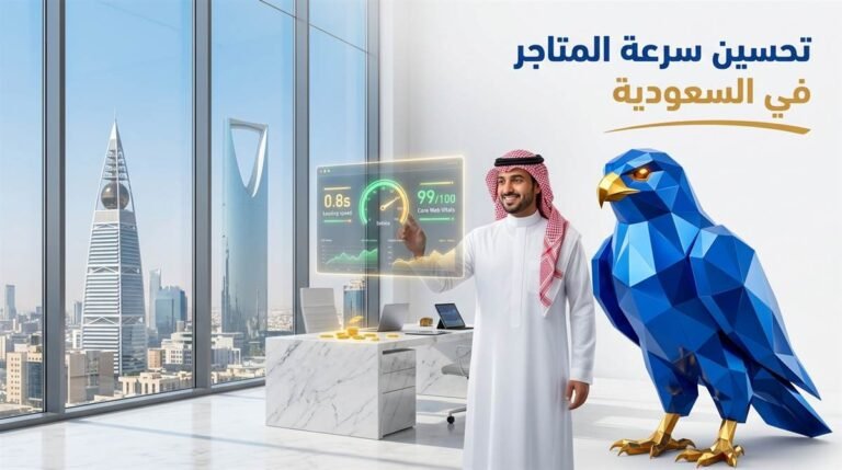 رائد أعمال سعودي وصقر الصقر الملكي 3D بالأزرق الملكي يحللان مؤشرات سرعة المتجر الإلكتروني وCore Web Vitals في مكتب حديث بالرياض