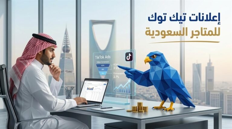 رجل أعمال سعودي وصقر الصقر الرقمي بالأزرق الملكي والذهبي يحللان مؤشرات حملات إعلانات تيك توك للمتاجر السعودية أمام أفق الرياض