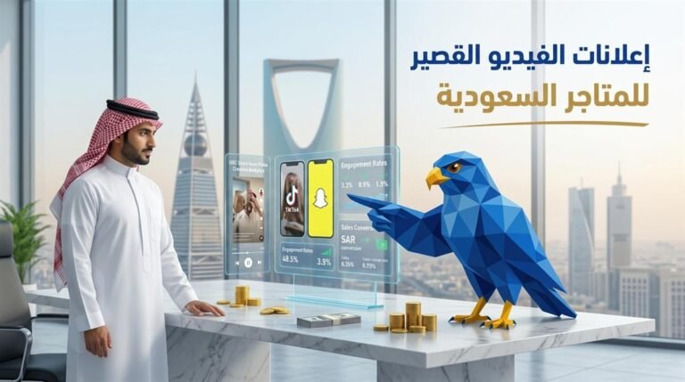 رجل أعمال سعودي وأفاتار صقر الصقر الرقمي بالأزرق الملكي يحللان مؤشرات إعلانات الفيديو القصير UGC ومبيعات تيك توك وسناب شات للمتاجر السعودية