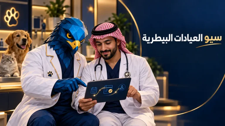 طبيب بيطري وأفاتار الصقر الأزرق والذهبي يراجعان مسار حجز في عيادة بيطرية